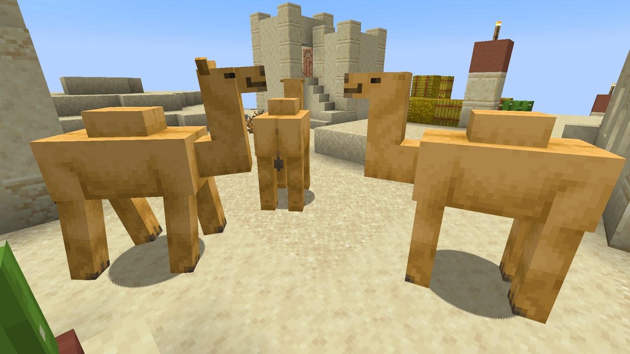 Minecraft mobs camels in a desert village