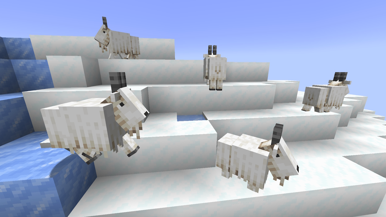 Minecraft mobs goats on a frozen peak