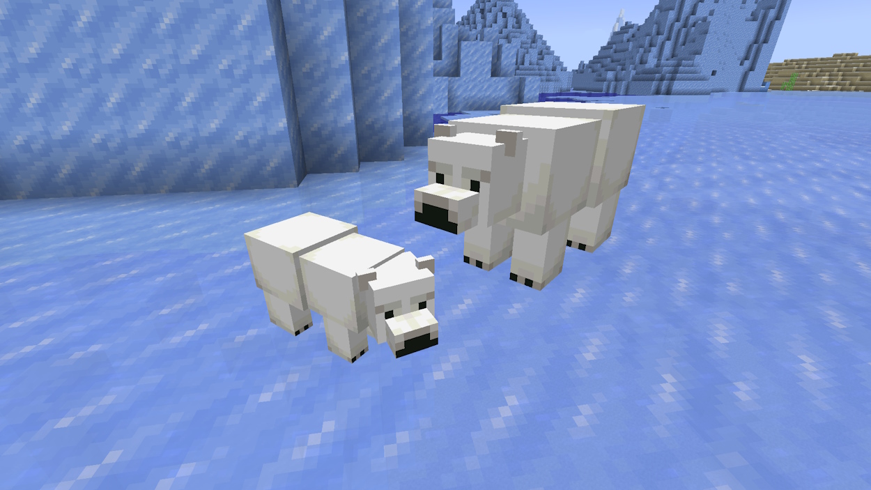 Polar bear and her cub on ice in Minecraft