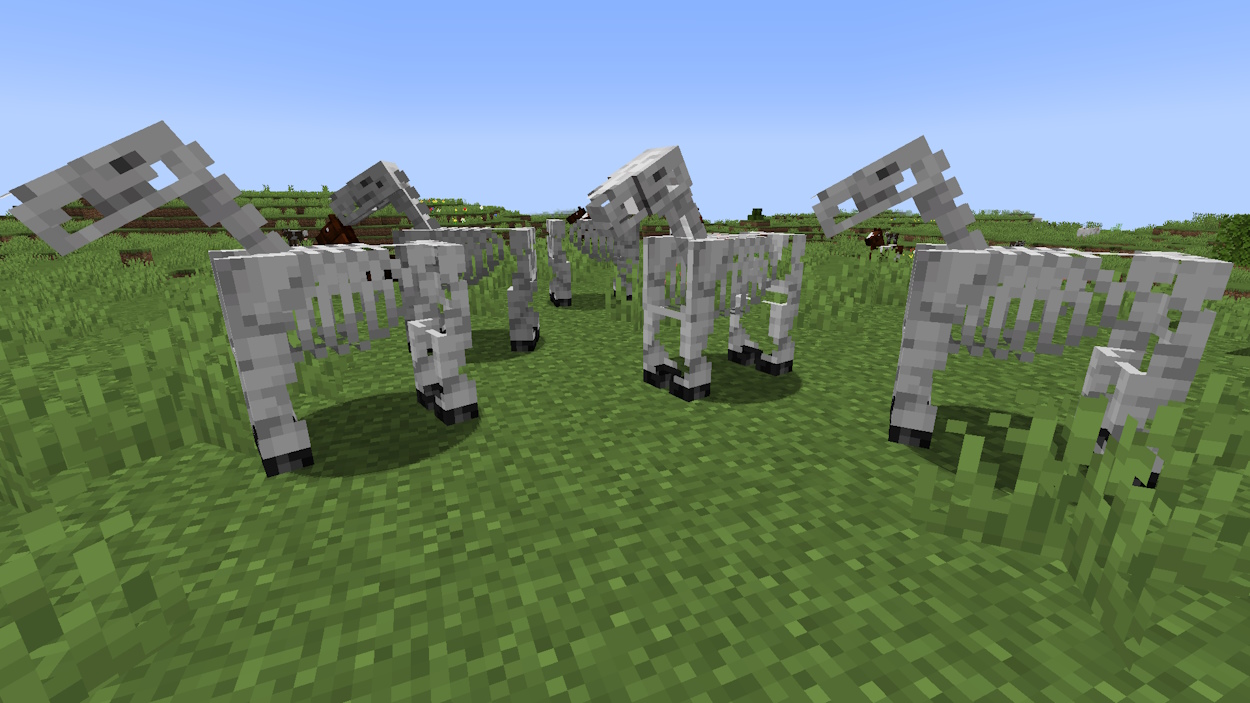 Skeletons horses on a grassy plains