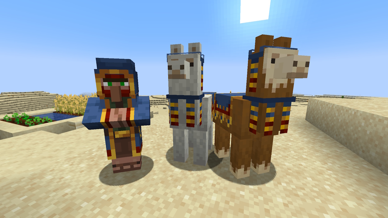 Trader llamas next to a wandering trader in a village