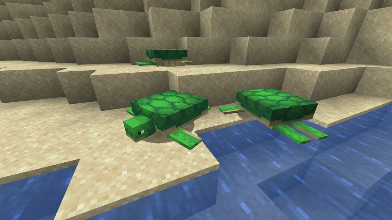 Turtles on a beach in Minecraft