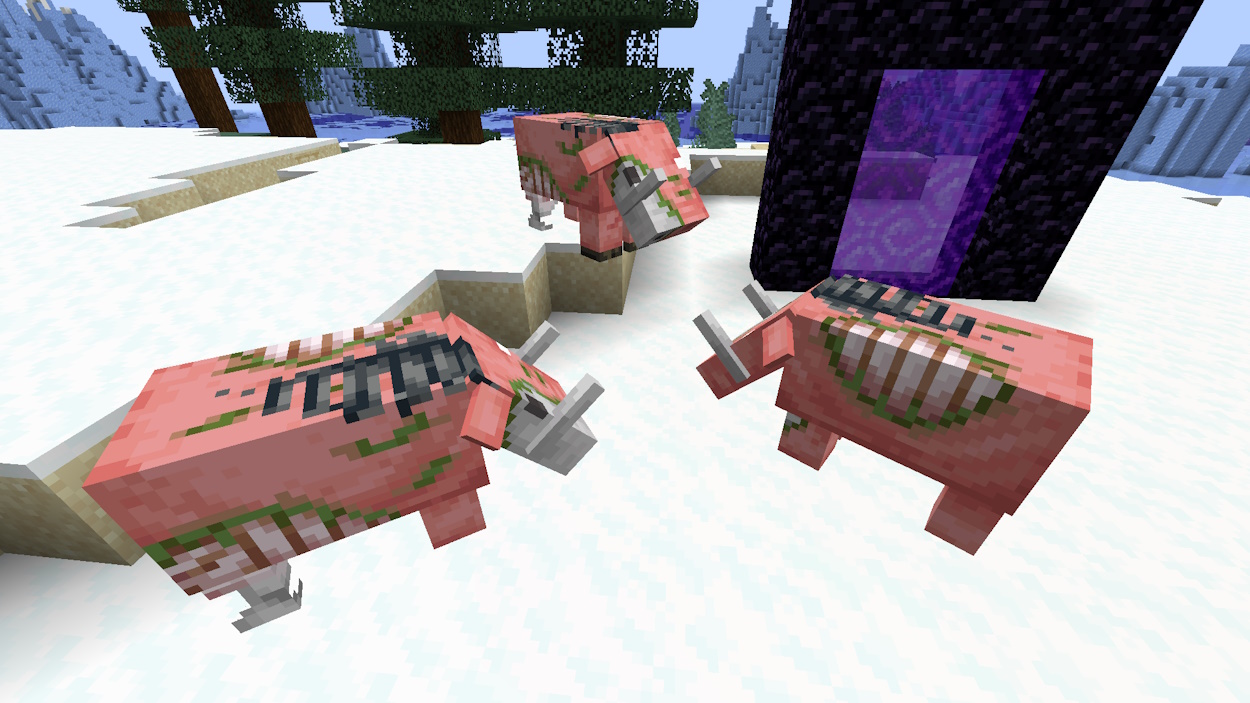 Zoglins in the Overworld next to a Nether portal