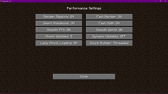 Performance Settings of Minecraft 1.19