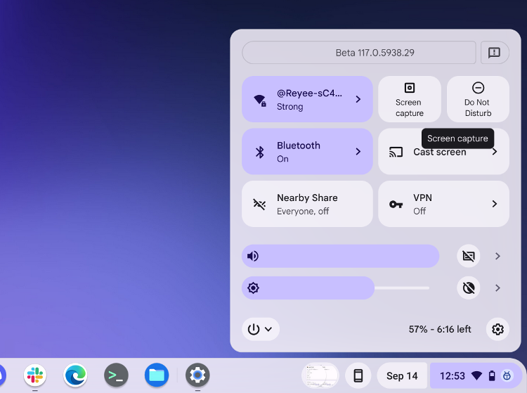 ChromeOS screen capture in quick settings
