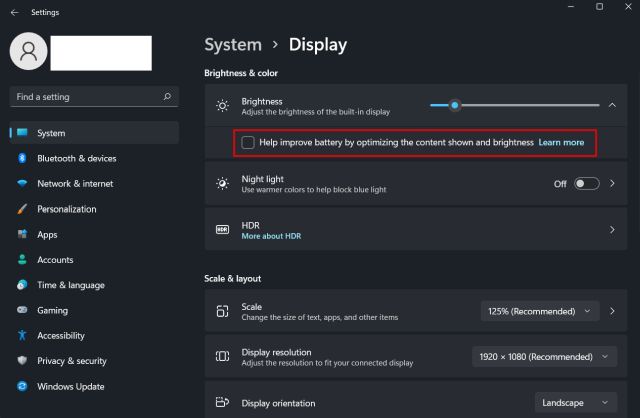 Change the brightness in Windows 11 in Windows settings