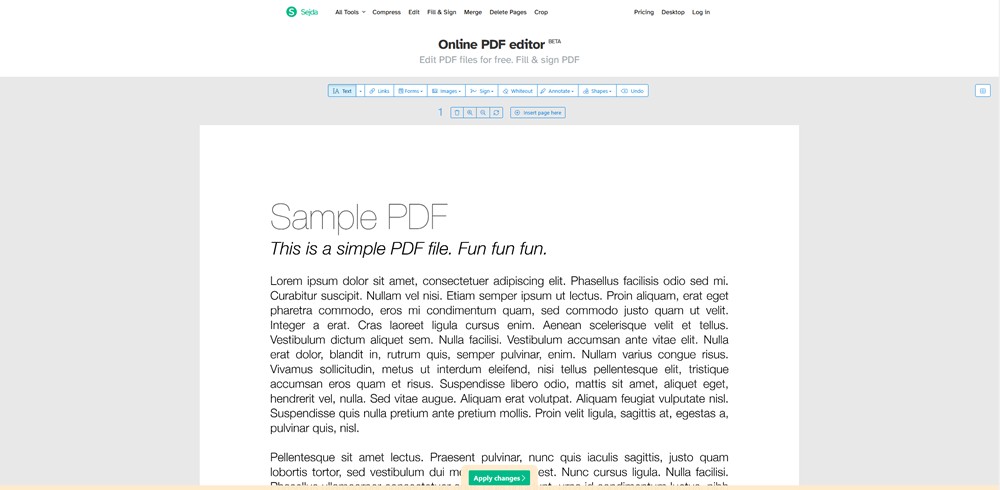 Sejda PDF editor with sample pdf editing