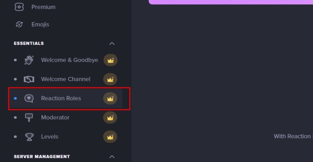 Select Reaction Roles Option in Settings