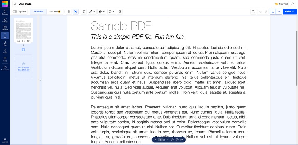 SmallPDF web app with a sample PDF open