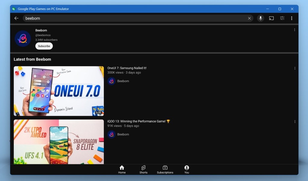 Beebom YT channel on Play Games Emulator running on Windows