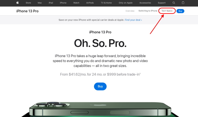 click on tech specs on iphone product page