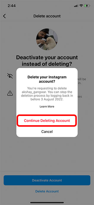 confirm account deletion on instagram
