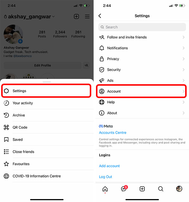 instagram account settings