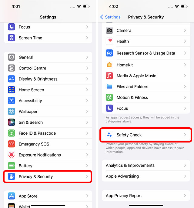 safety check options in iphone settings