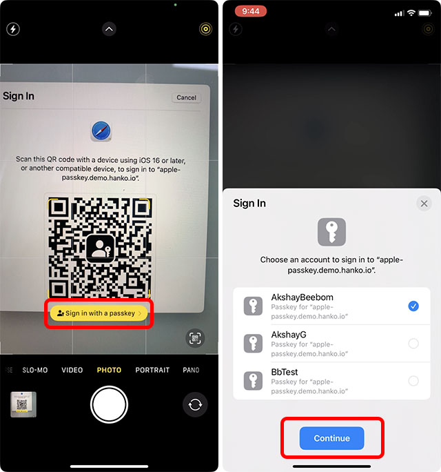 scan qr code with iphone to sign in with passkey