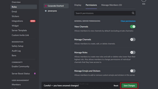 set role permissions and save changes