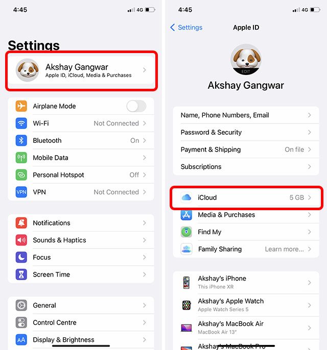 settings icloud in iphone