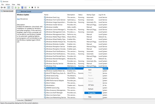 windows update in services window