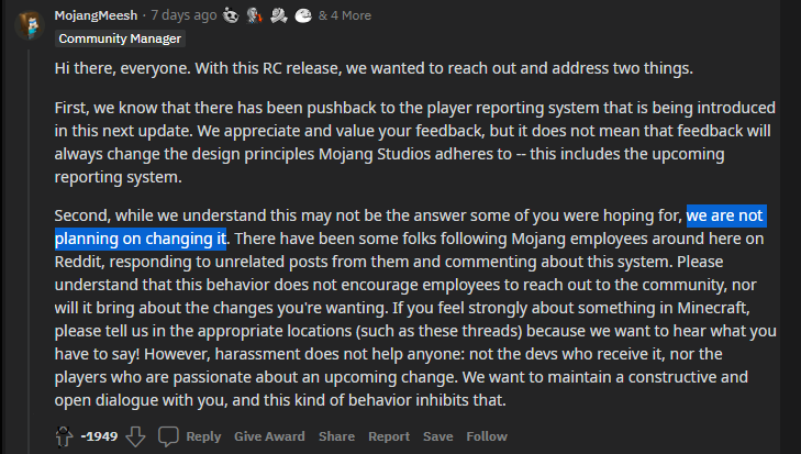 Minecraft Defending Report System on Reddit