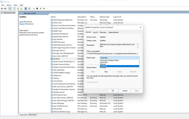 disable sysmain in windows 11 services