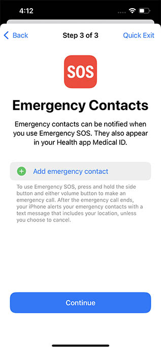 إدارة فحص سلامة جهات الاتصال في حالات الطوارئ على iphone