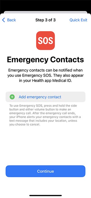 manage emergency contacts security check