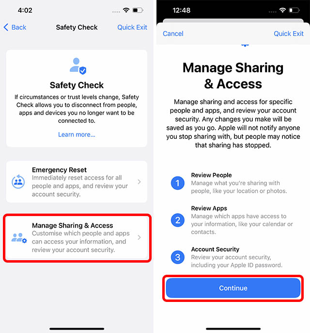 manage sharing safety check