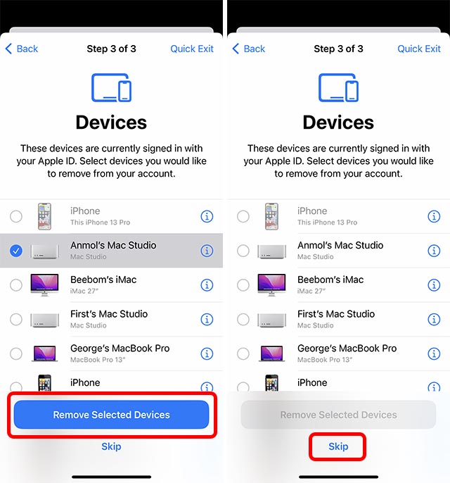 Remove devices from the Apple ID security check