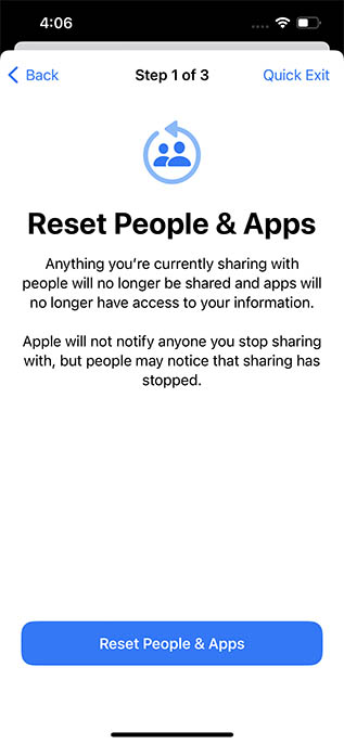 إعادة تعيين الأشخاص والتطبيقات في فحص الأمان iOS 16