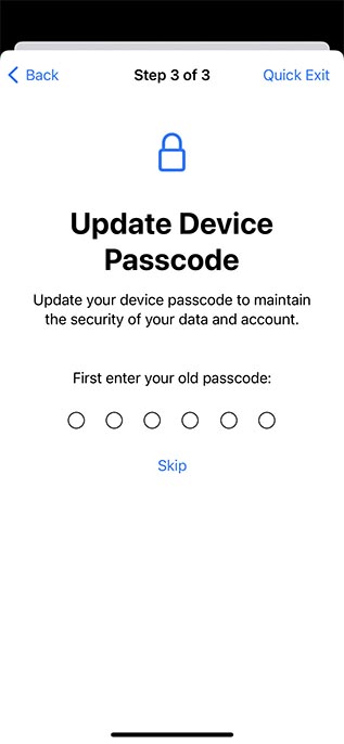 Update device passcode security verification