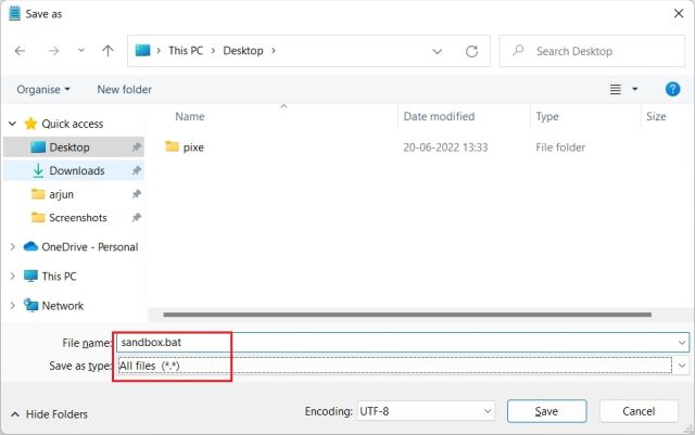 After that, select "All files(.)" from the "Save as type" drop-down menu and give a name to the file. Then, add the <FontIcon icon="fas fa-gears"/> extension at the end to save it as a batch file. Make sure there is no  or other file extension at the end. Finally, click on "Save".