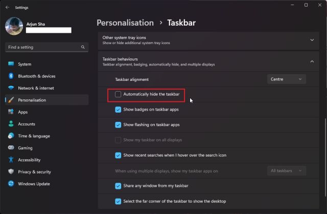 4. Enable and Disable 'Hide the Taskbar'