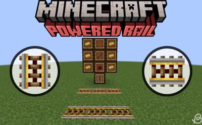 Gold ingots, stick and redstone dust in item frames and activated and deactivated powered rails placed on the ground in Minecraft