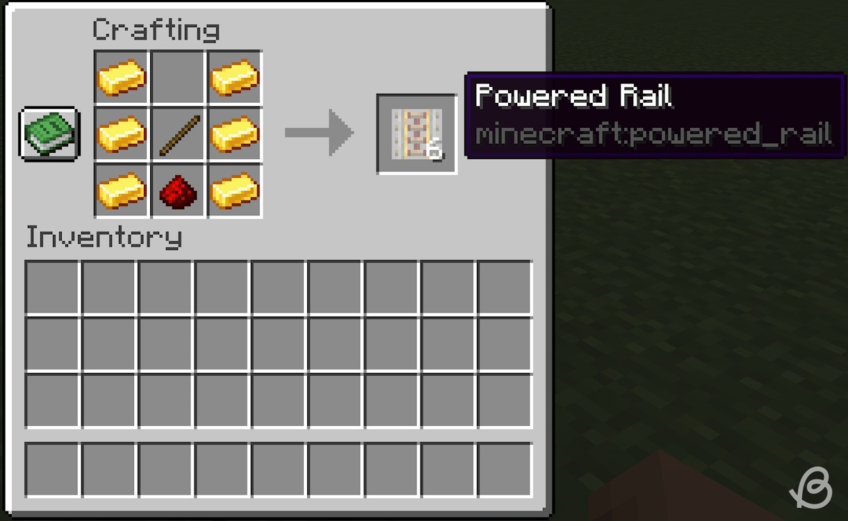 Completed crafting recipe for the powered rail in Minecraft