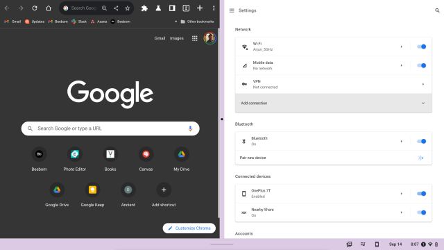 Разделенный экран на Chromebook с сенсорным экраном