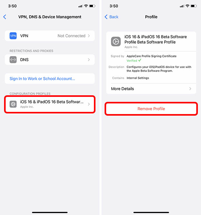 steps to remove ios 16 public beta profile