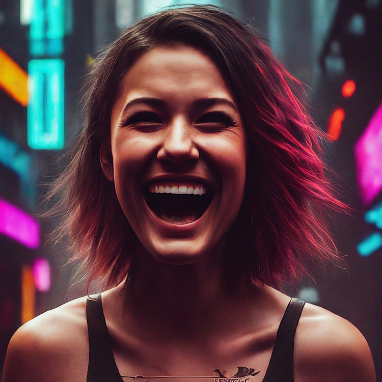 Bard generated image of a photorealistic woman laughing in a cyberpunk setting