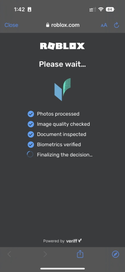 Last step Roblox verifies the age 