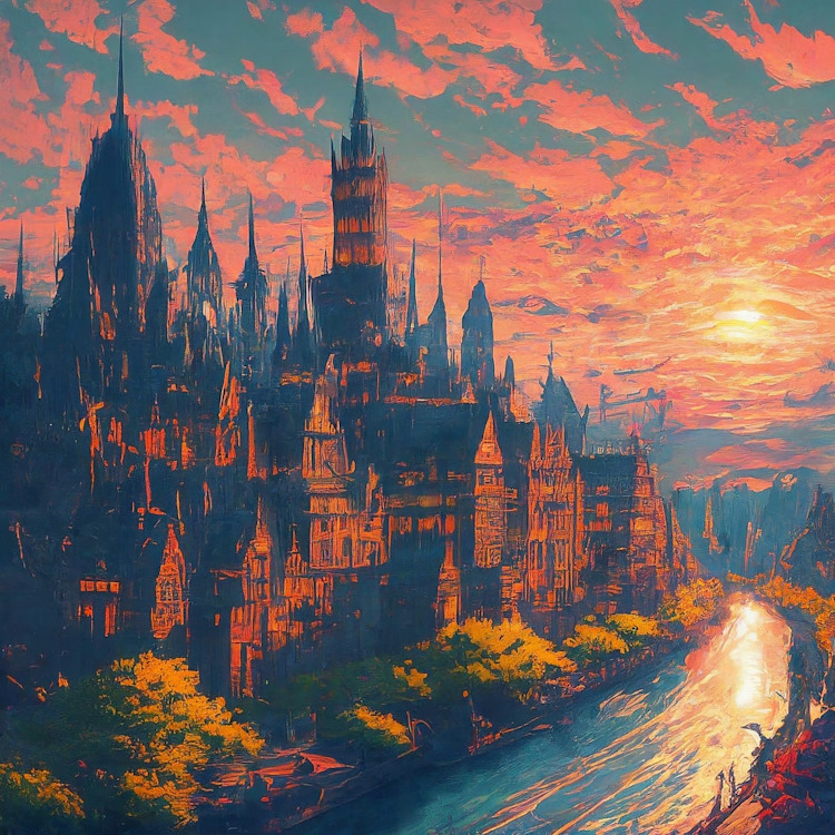 ImageFX generated image of a beautiful city with a sparkling river flowing beside it in a sunset in hand-drawn anime style