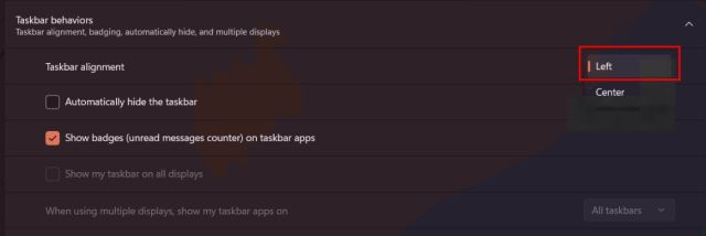 Move the Taskbar to the Left on Windows 11