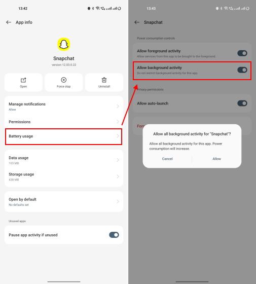 allow background activity on android - snapchat