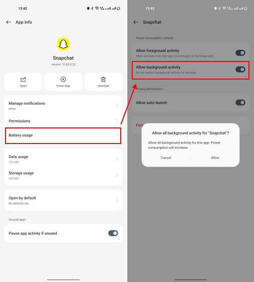 إشعارات سناب شات لا تعمل : 9 طرق لإصلاحها السماح بنشاط الخلفية على android - snapchat