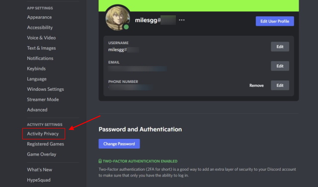 click on game activity in discord settings