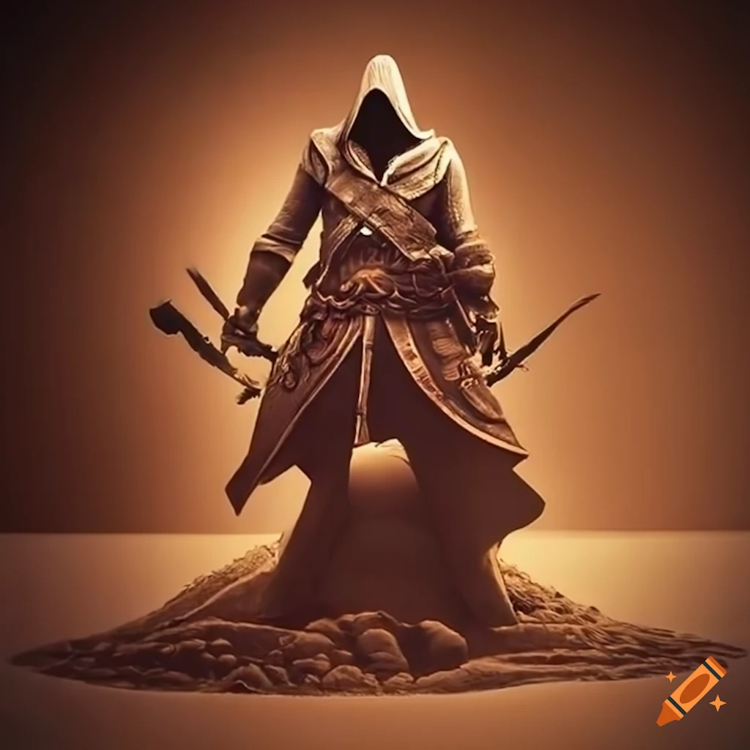 Craiyon generation of an exquisitely detailed sand art depicting the protagonist of the Assassins Creed series