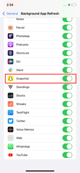 إصلاح إشعار snapchat لا يعمل - تمكين تحديث التطبيق في الخلفية
