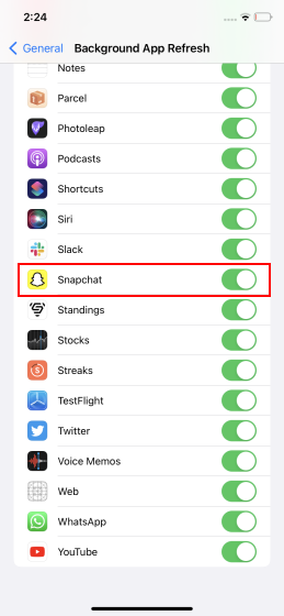 إشعارات سناب شات لا تعمل : 9 طرق لإصلاحها إصلاح إشعار snapchat لا يعمل - تمكين تحديث التطبيق في الخلفية