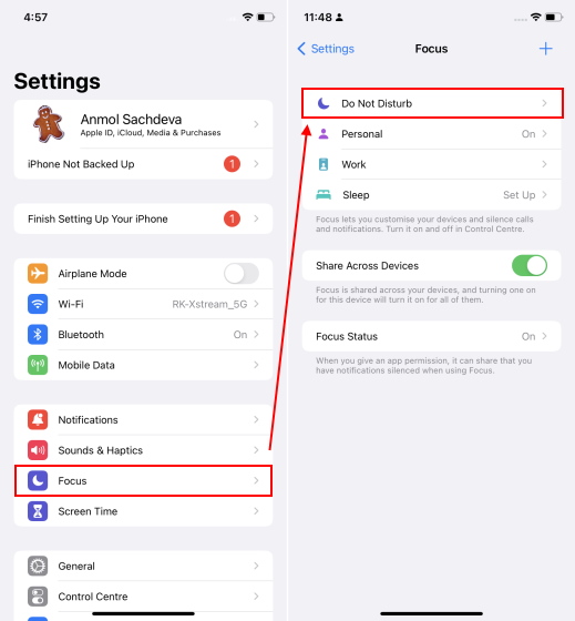 إشعارات سناب شات لا تعمل : 9 طرق لإصلاحها انتقل إلى إعدادات وضع التركيز DND على iphone