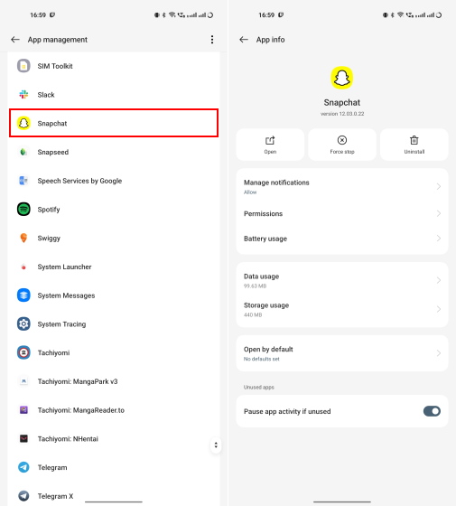 open snapchat app info from settings