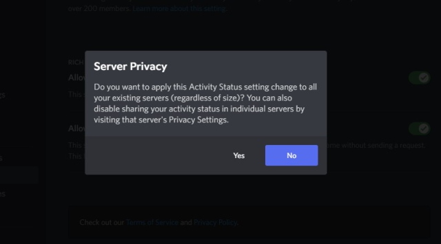 server privacy - game activity status