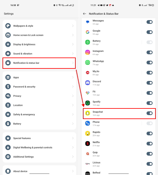 snapchat noti settings